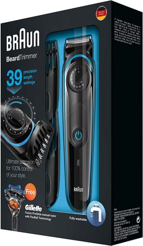 Braun BT5265 Beard Trimmer For Men, Mini Foil Shaver with Gillette ProGlide Razor, Black & Silver Metal