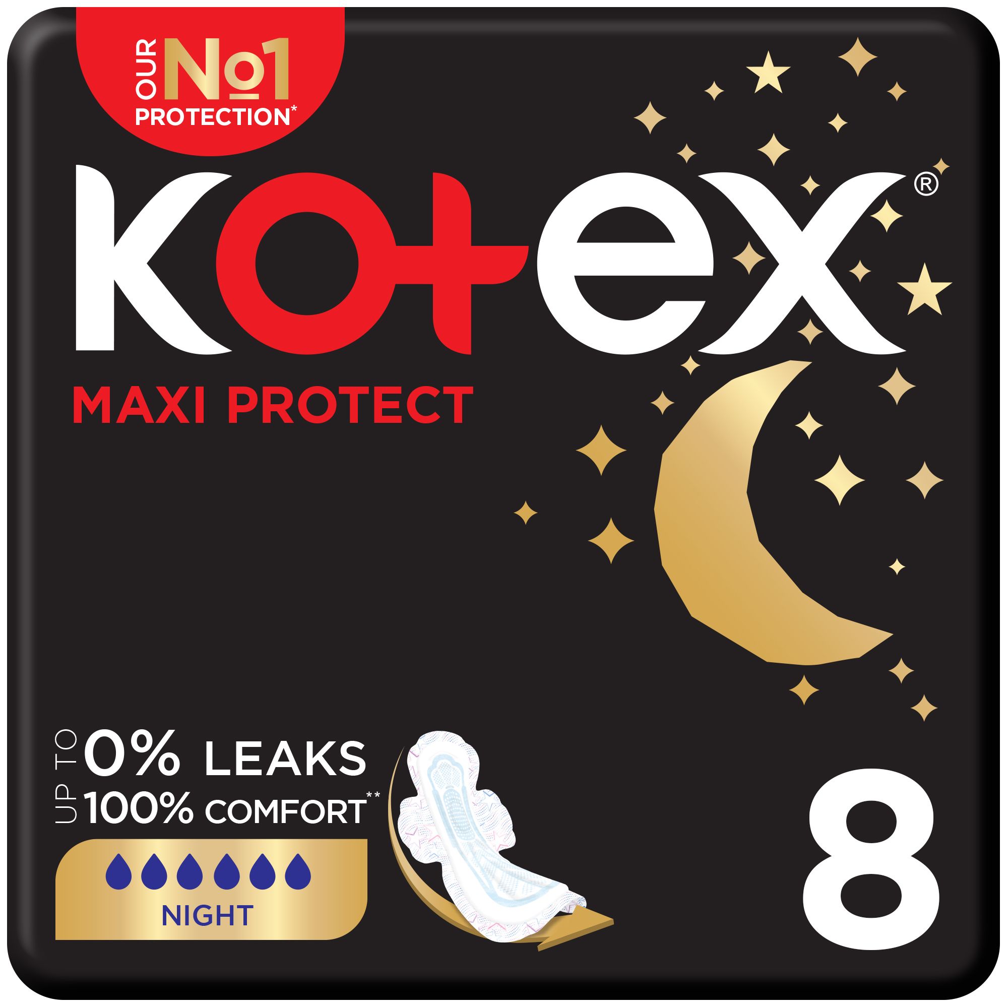 Kotex Maxi Protect Thick Pads, Overnight Protection Sanitary Pads with Wings, 8 Sanitary Pads