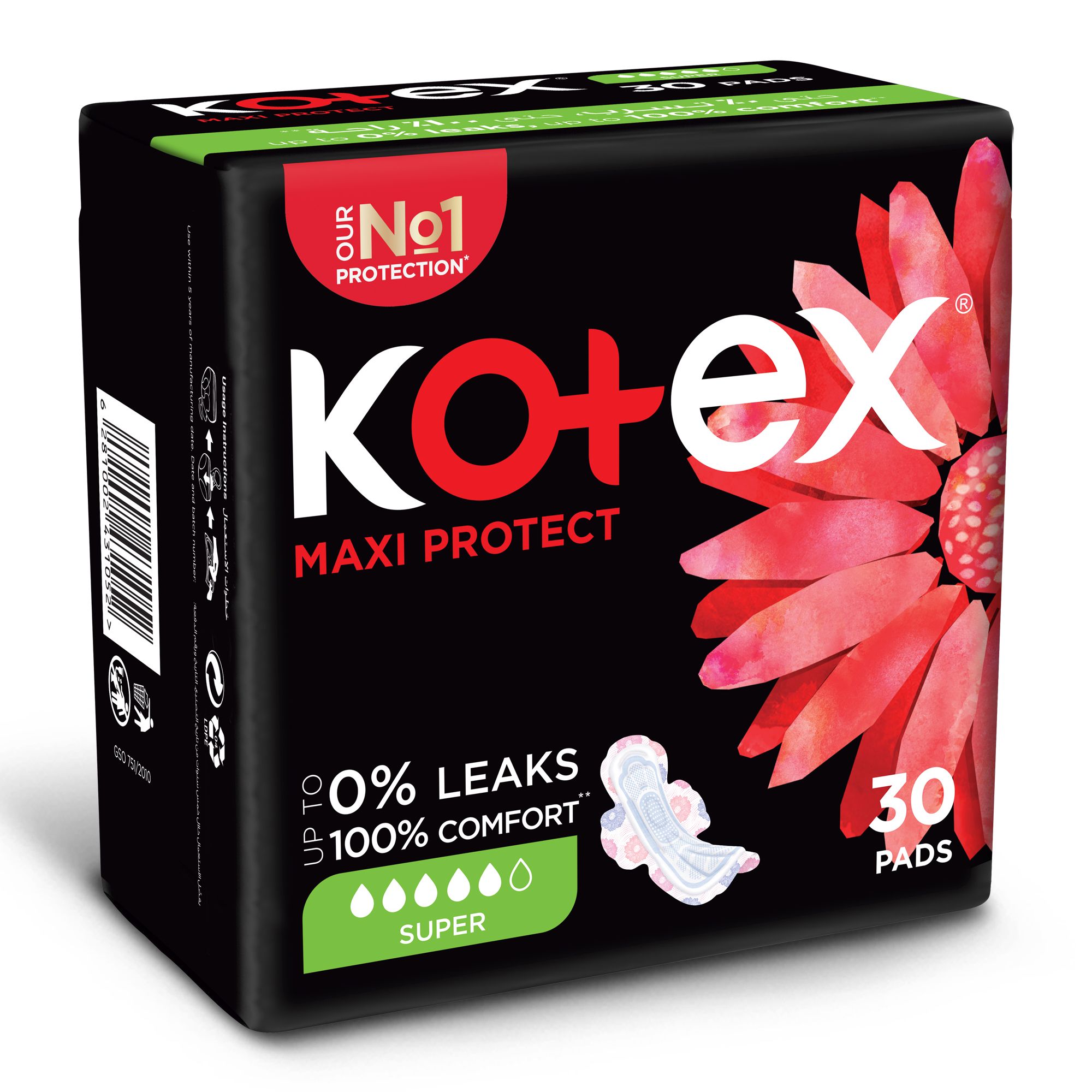 Kotex Maxi Protect Thick Pads, Super Size Sanitary Pads with Wings, 30 Sanitary Pads