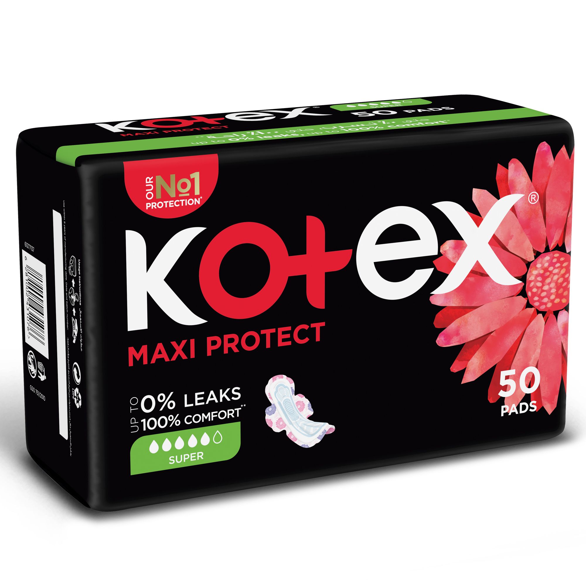 Kotex Maxi Protect Thick Pads, Super Size Sanitary Pads with Wings, 50 Sanitary Pads