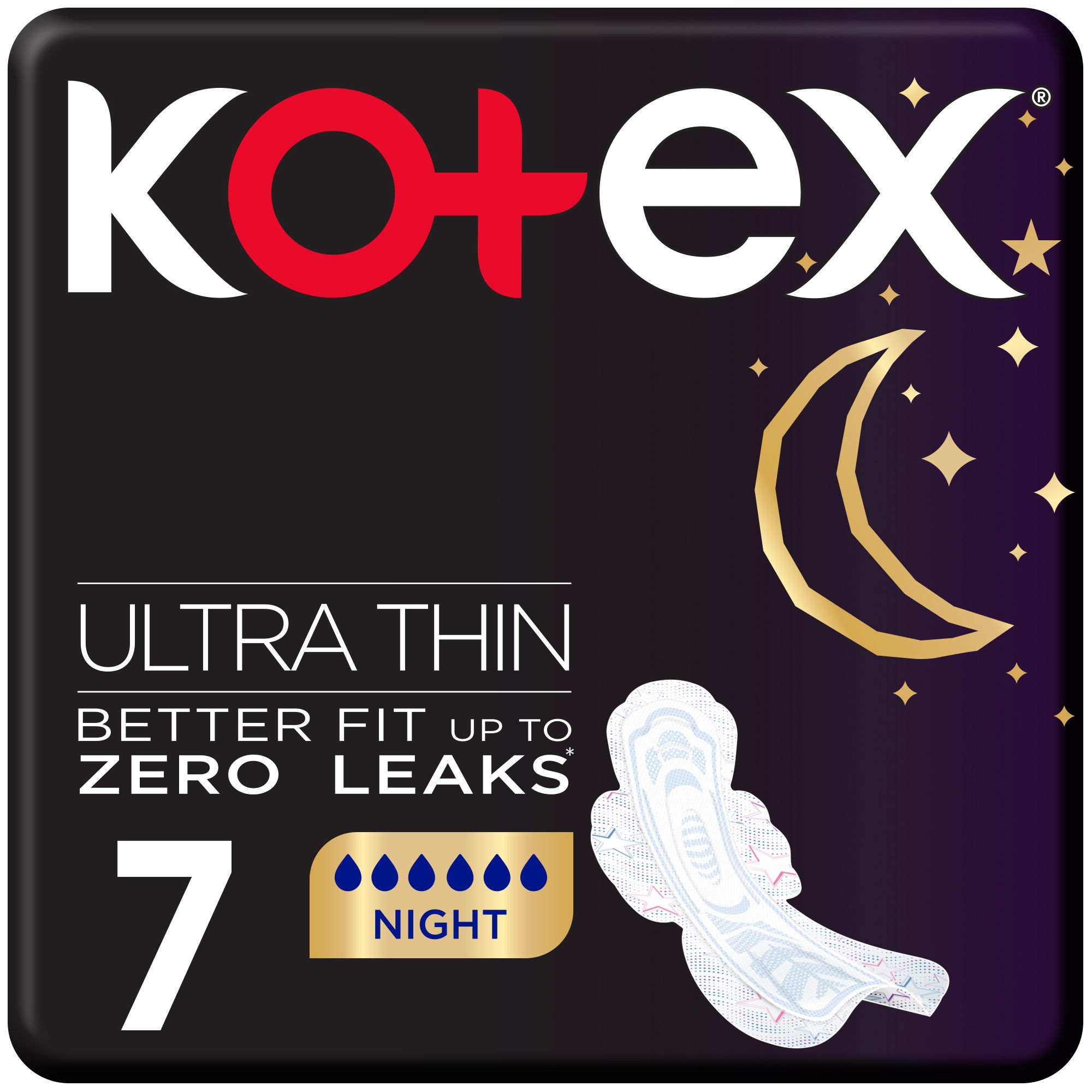 Kotex Ultra Thin Pads, Overnight Protection Sanitary Pads with Wings, 7 Sanitary Pads