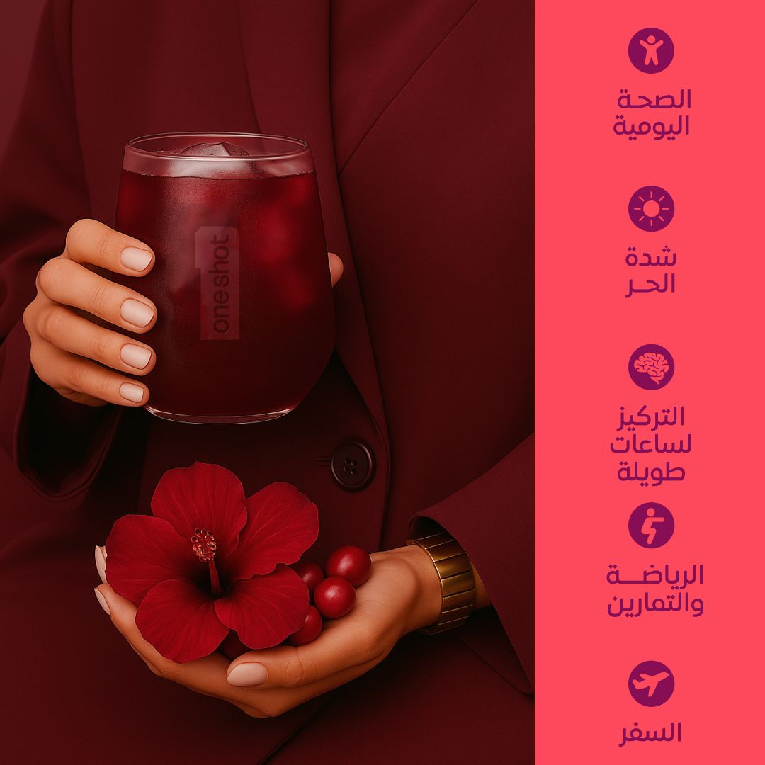 ون شوت ترطيب يومي خالٍ من السكر. معادن وفيتامينات متعددة بنكهة الكركديه والتوت البري المنعشة (١٤ ظرف)